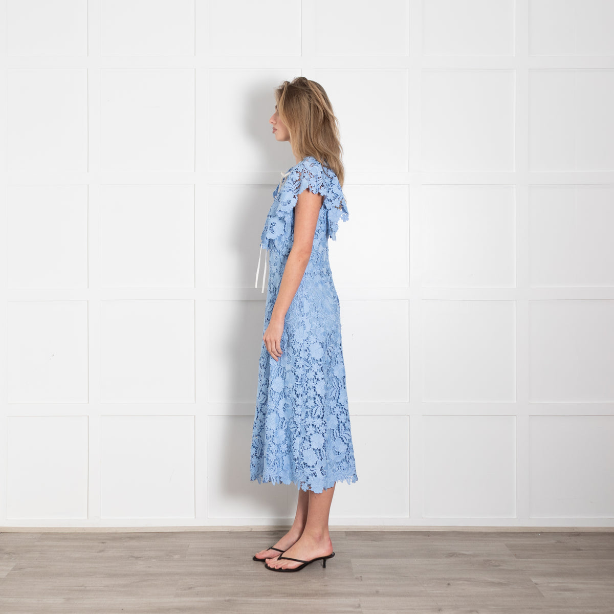 Lela Rose Pale Blue Lace White Trim Sleeveless Midi Dress