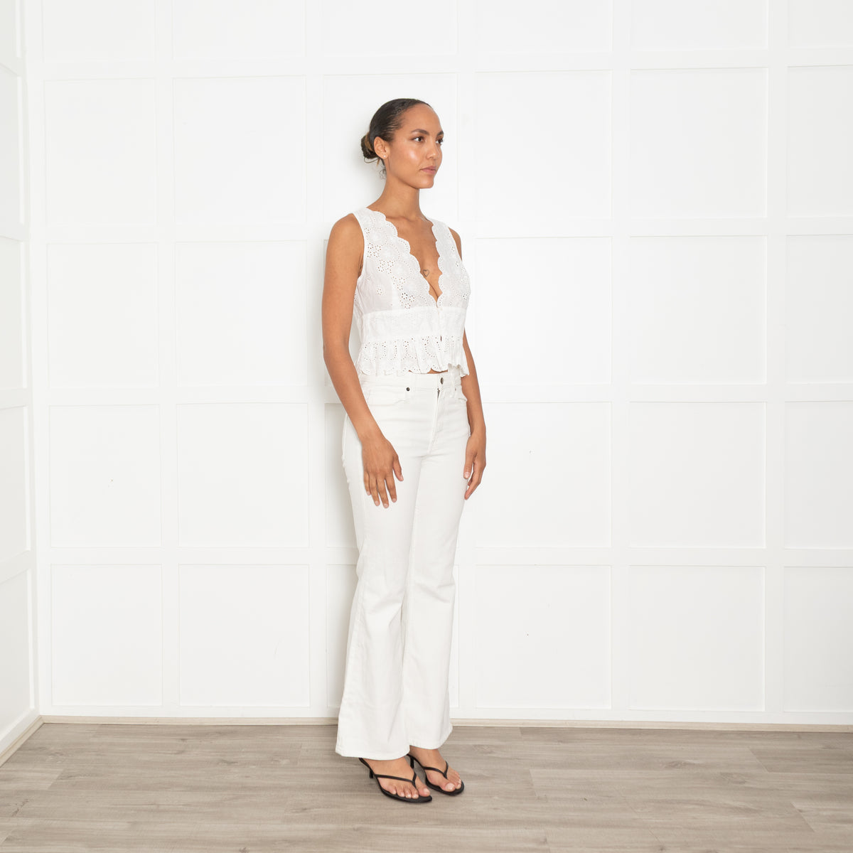 Miss Circle White Cotton Broderie Button Front Sleeveless Top