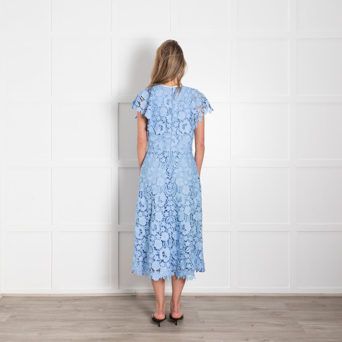 Lela Rose Pale Blue Lace White Trim Sleeveless Midi Dress