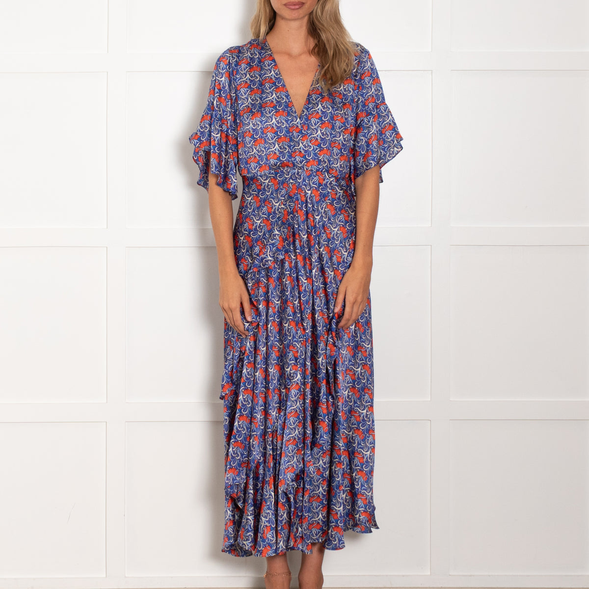 Alexis Blue Orange Floral Short Sleeve Frill Trim Maxi Dress