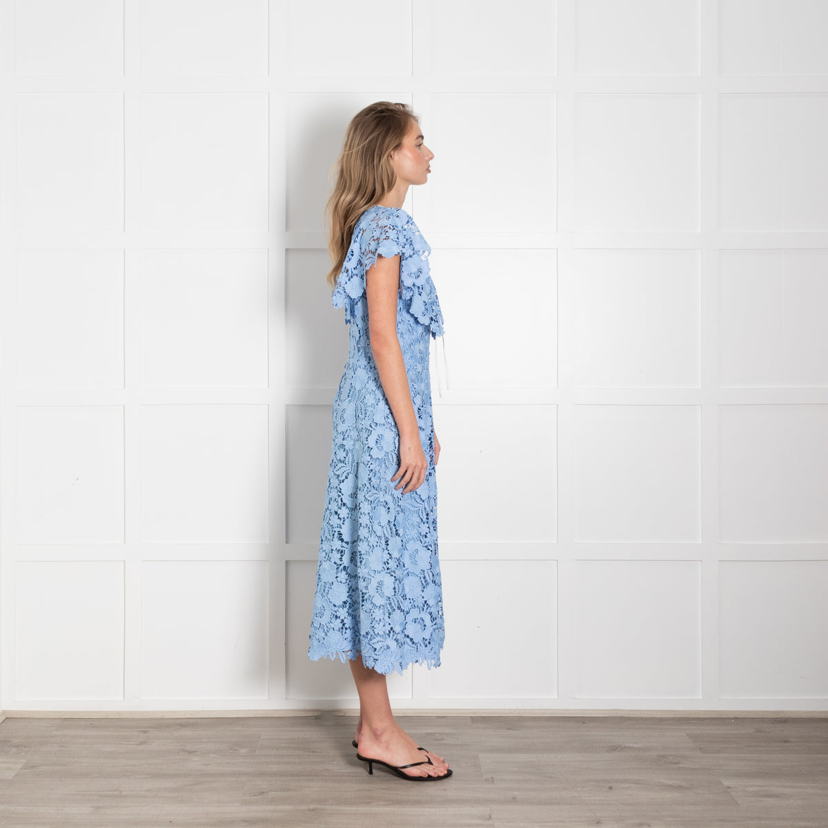Lela Rose Pale Blue Lace White Trim Sleeveless Midi Dress