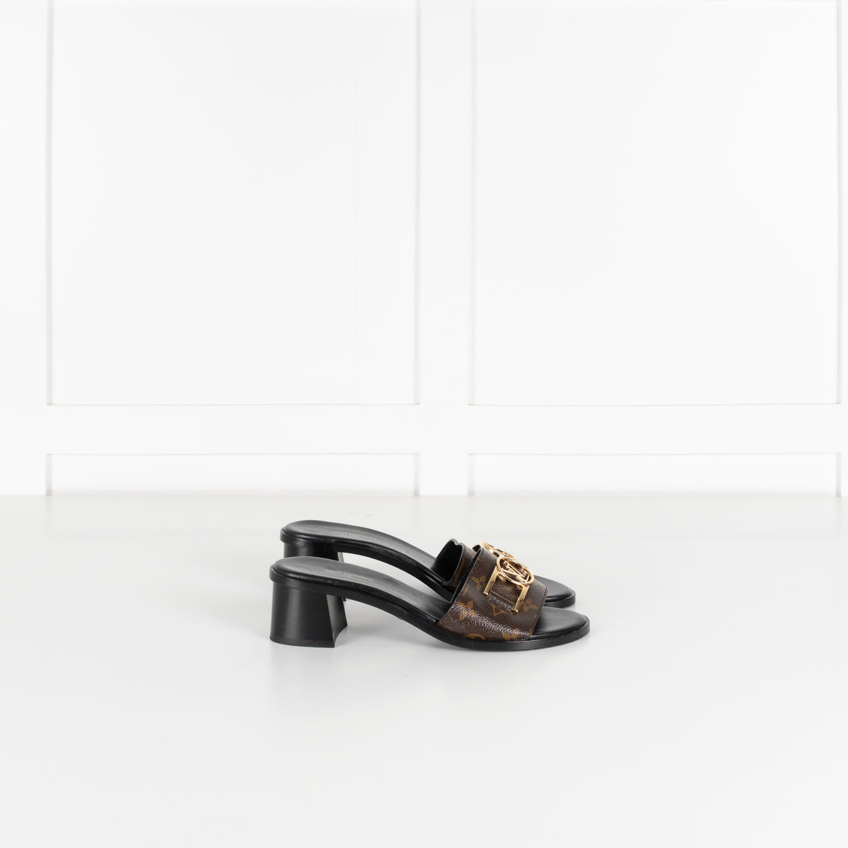 Louis Vuitton Brown Monogram Gold Lock It Heeled Mules