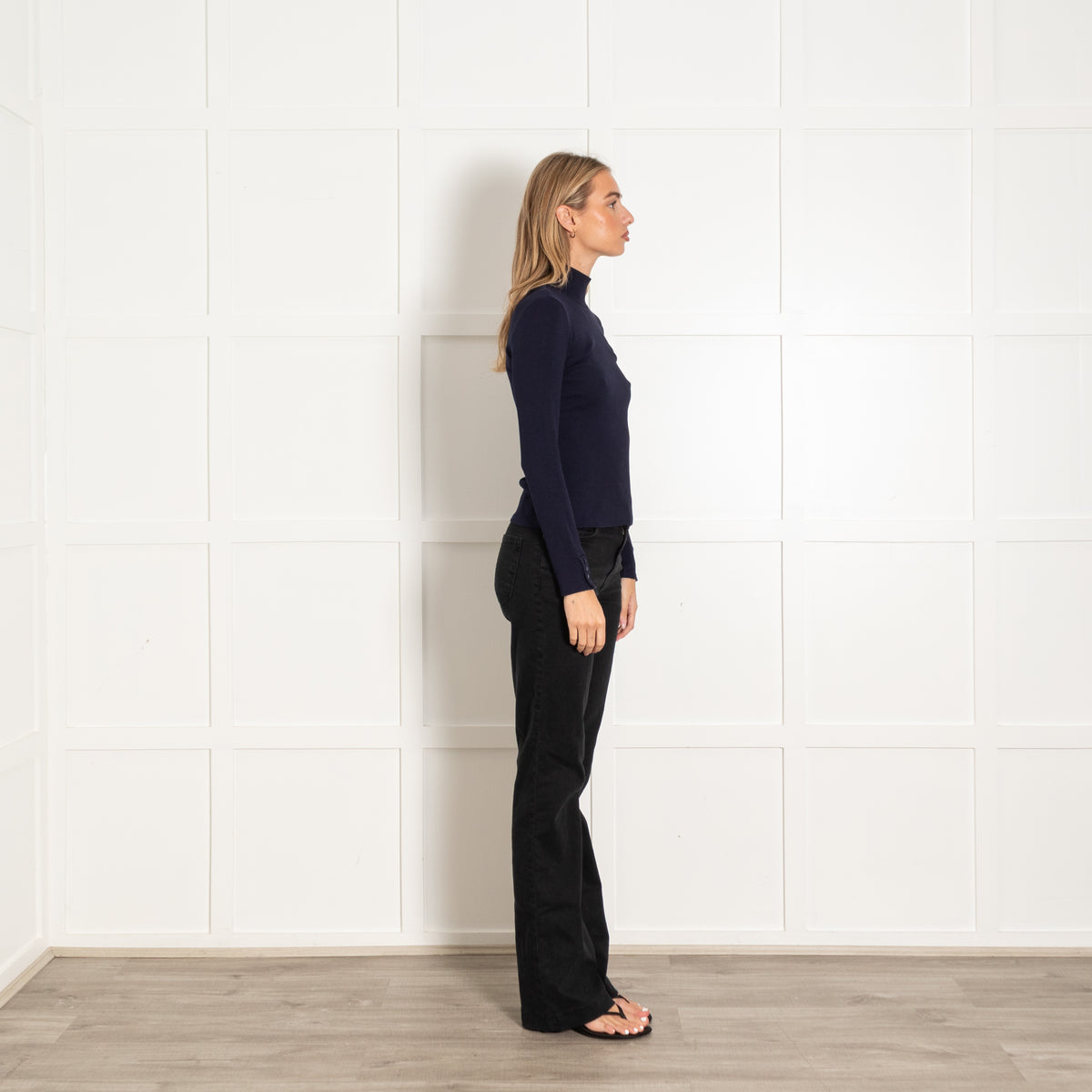 Sezane Navy Blue Cotton High Neck Long Sleeve Top
