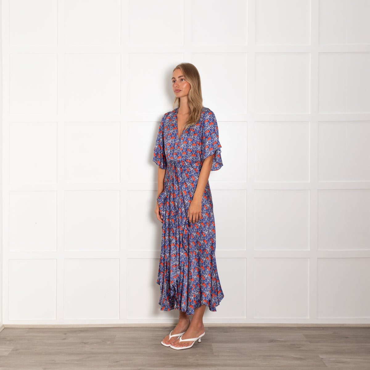 Alexis Blue Orange Floral Short Sleeve Frill Trim Maxi Dress