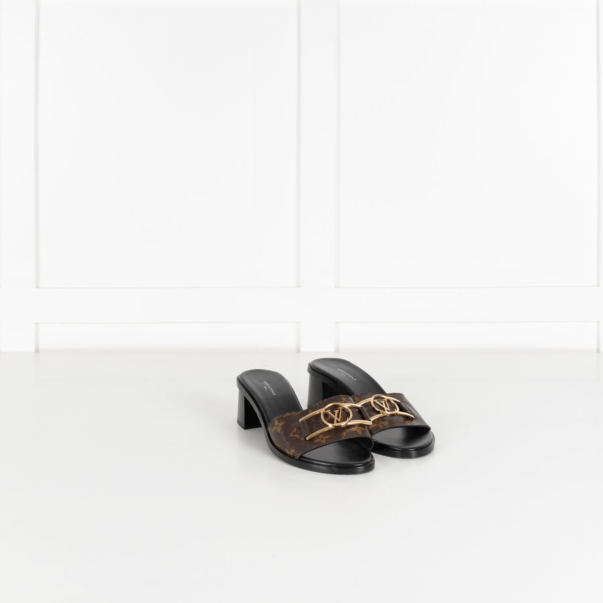 Louis Vuitton Brown Monogram Gold Lock It Heeled Mules