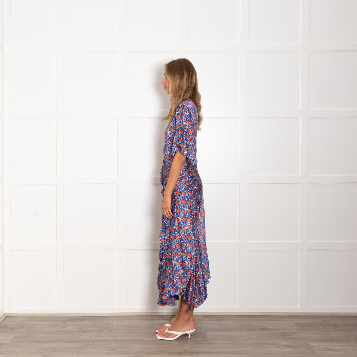Alexis Blue Orange Floral Short Sleeve Frill Trim Maxi Dress