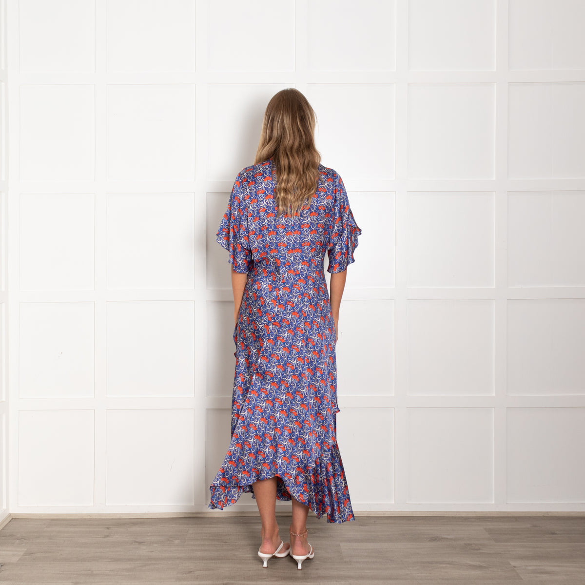 Alexis Blue Orange Floral Short Sleeve Frill Trim Maxi Dress