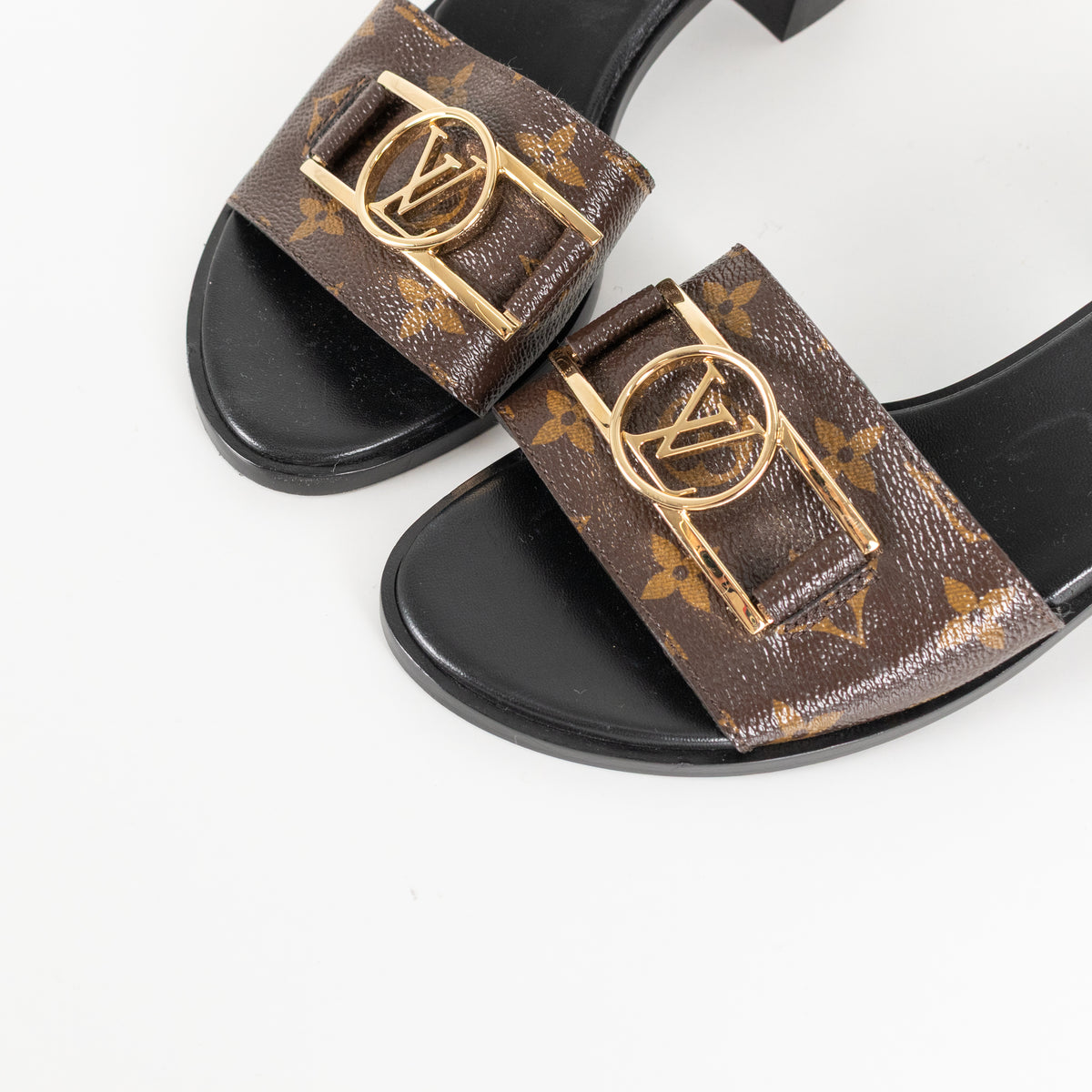 Louis Vuitton Brown Monogram Gold Lock It Heeled Mules