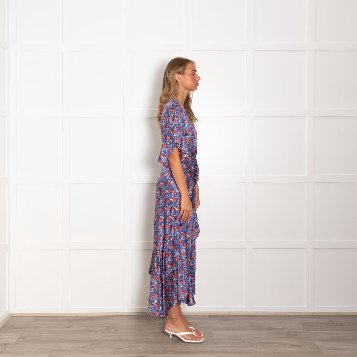 Alexis Blue Orange Floral Short Sleeve Frill Trim Maxi Dress