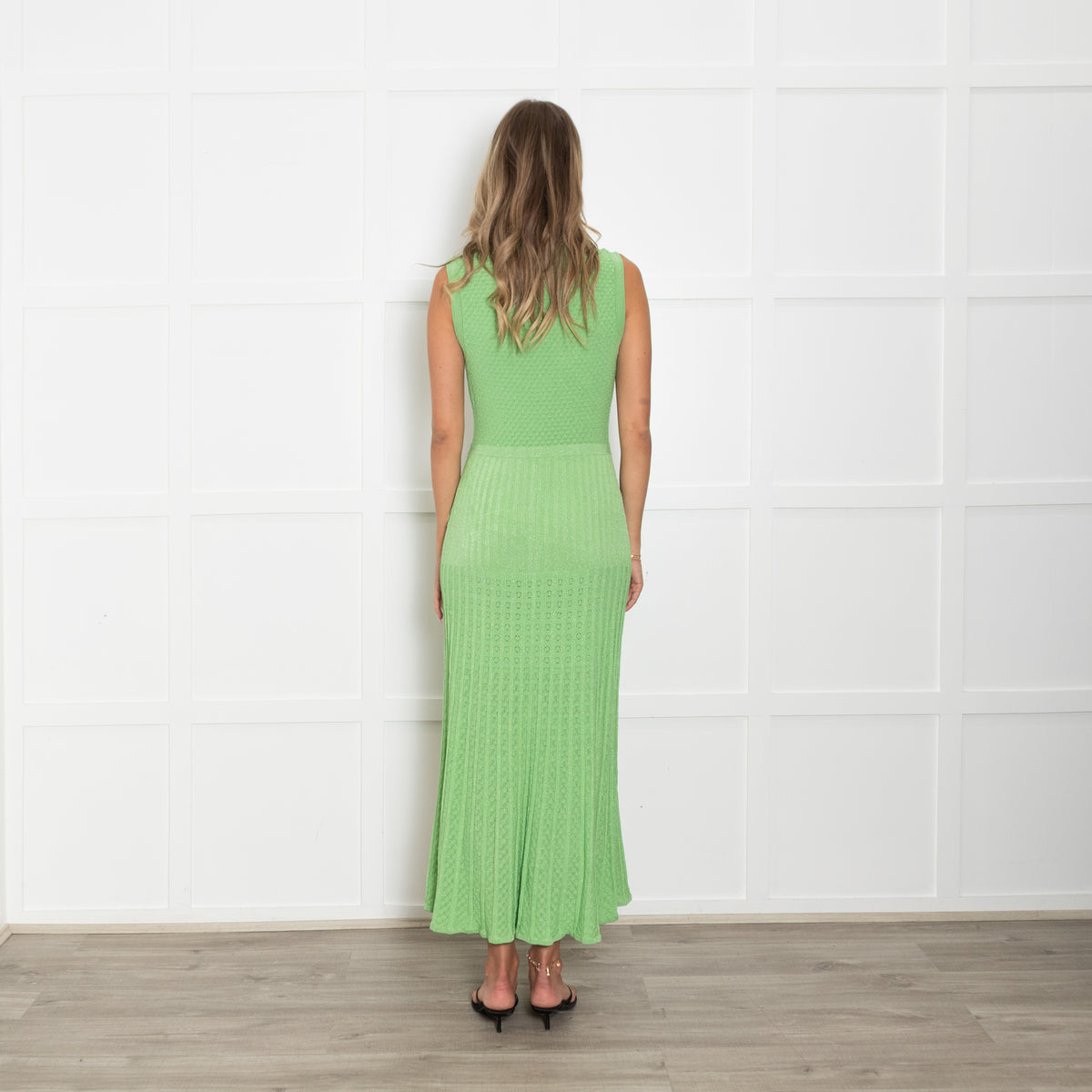 Sandro Green Lurex Knit Midi Dress with Gold Buttons