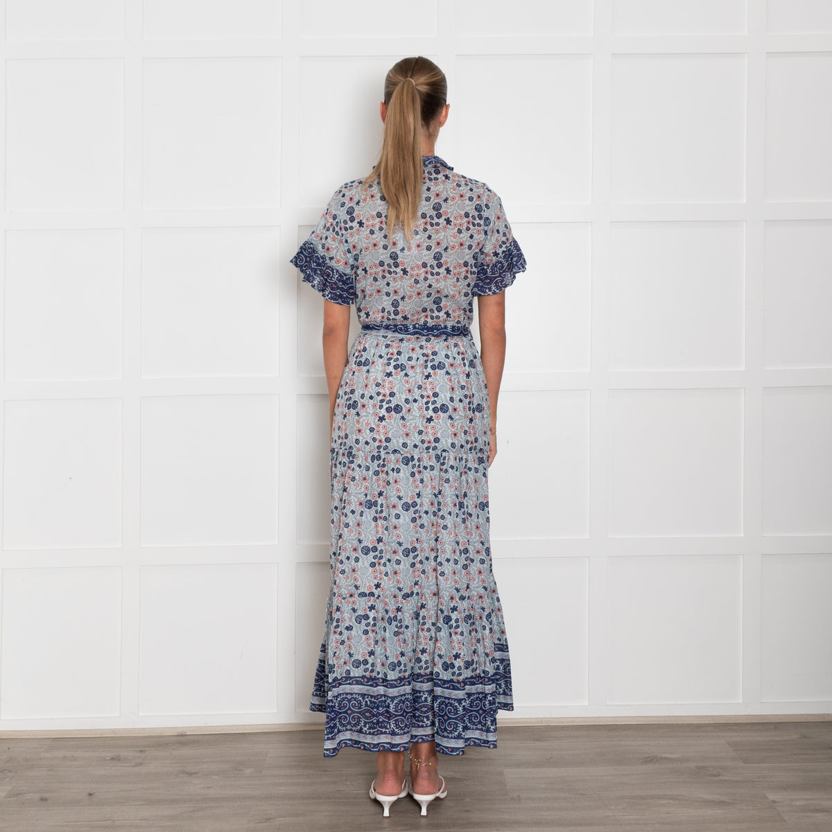 Mille Pale Blue Pink Floral Cotton Short Sleeve Maxi Dress