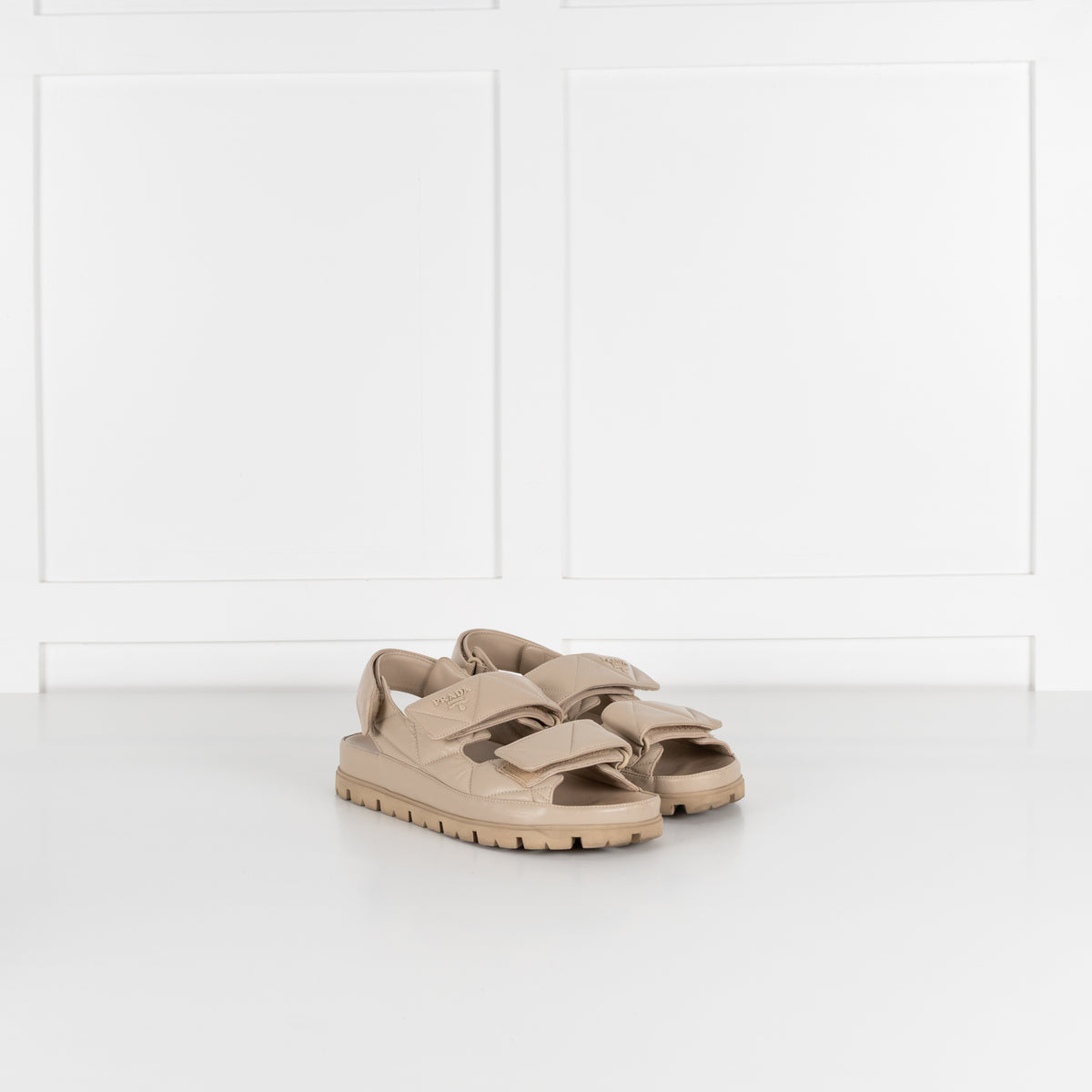Prada Beige Monolith Quilted Leather Sandals With Chunky Sole