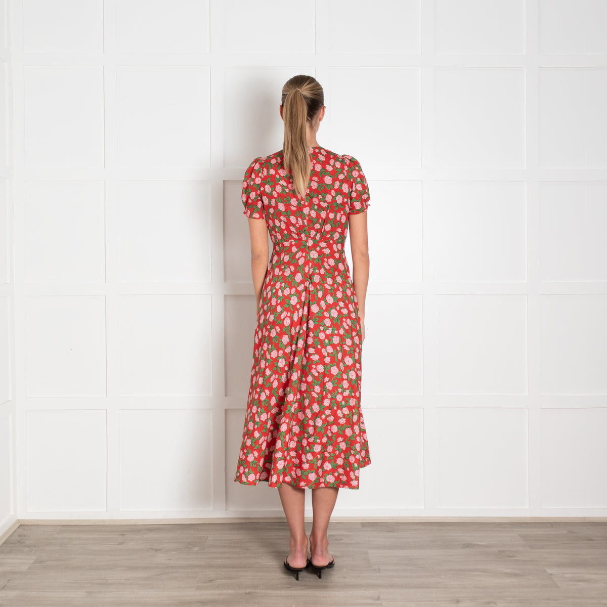 The Kooples Red Pink Green Floral Front Button Midi Dress