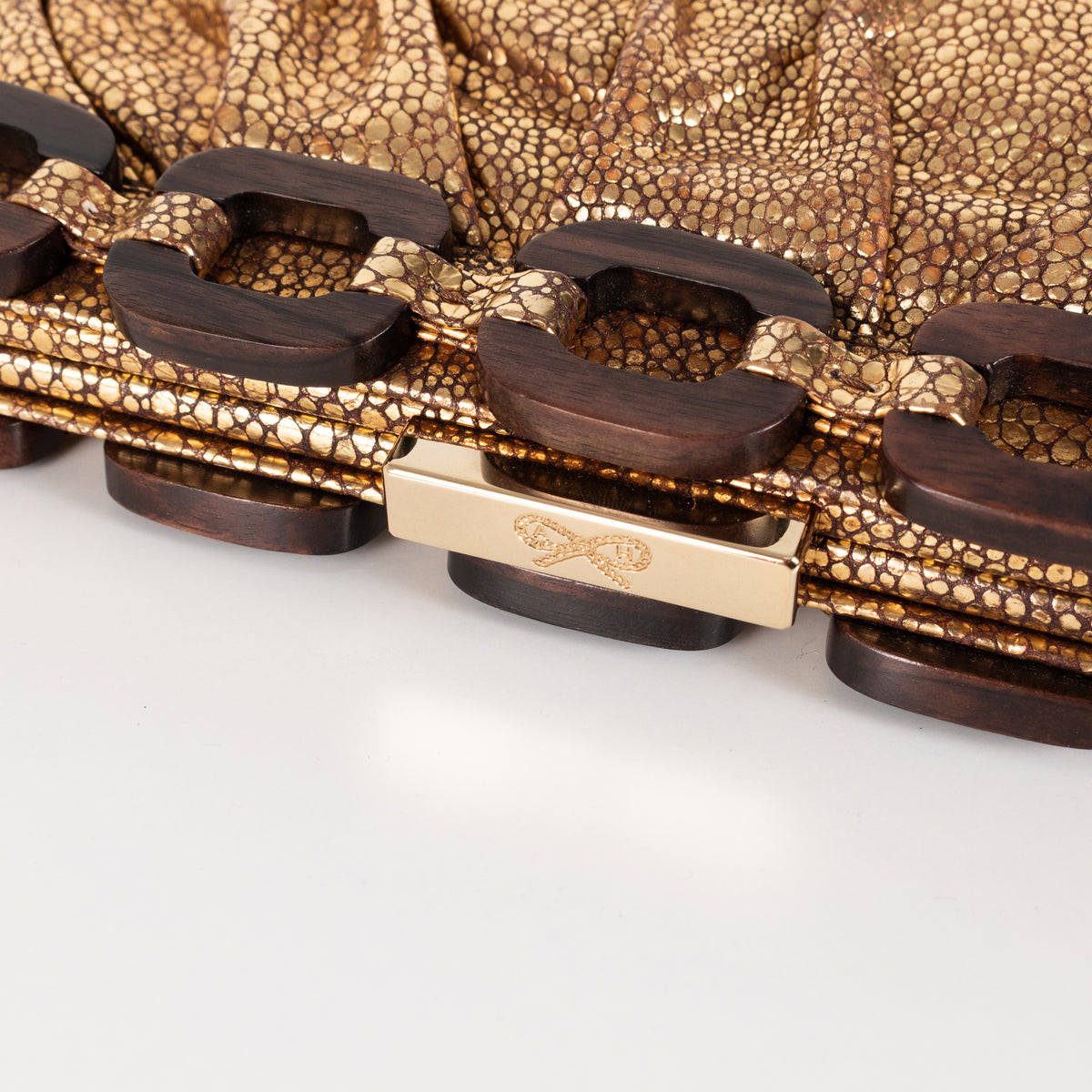 Anya Hindmarch Gold Crinkle Clutch with Wooden Link Detail
