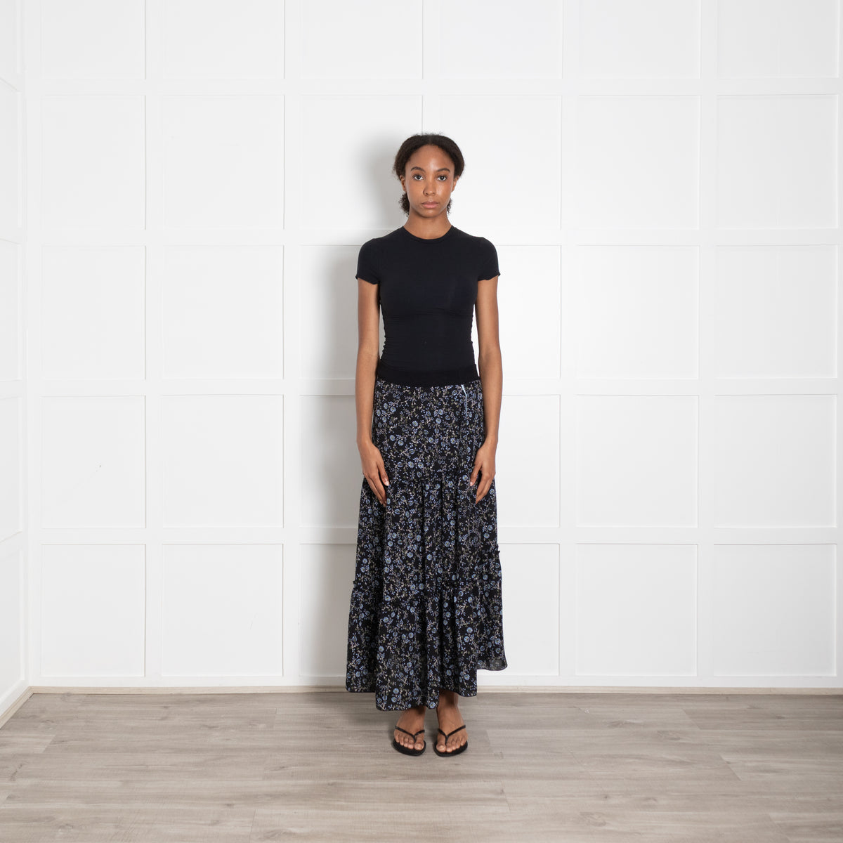 Me + Em Black Blue Green Floral Maxi Skirt