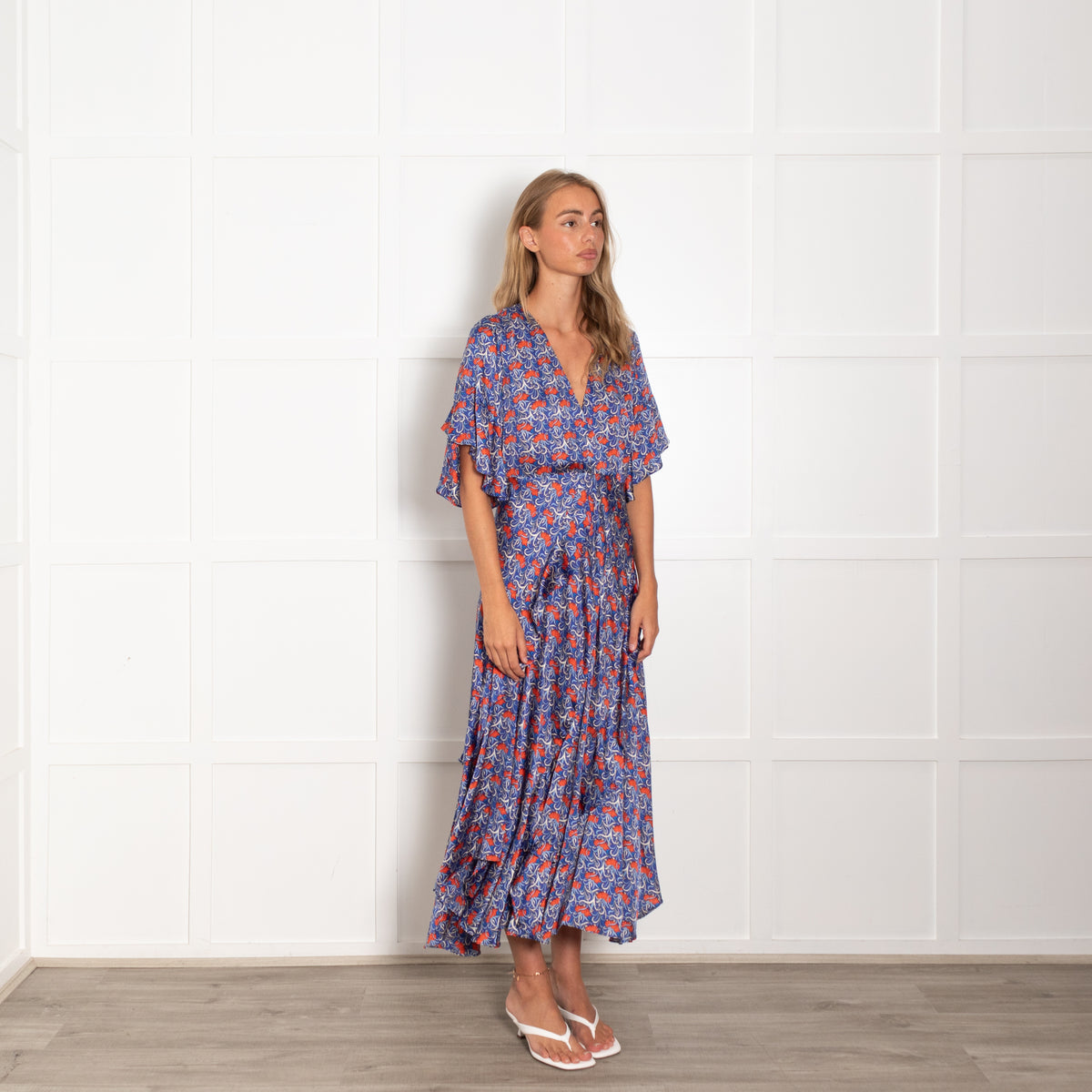 Alexis Blue Orange Floral Short Sleeve Frill Trim Maxi Dress