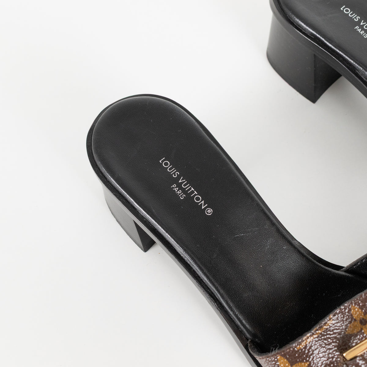 Louis Vuitton Brown Monogram Gold Lock It Heeled Mules