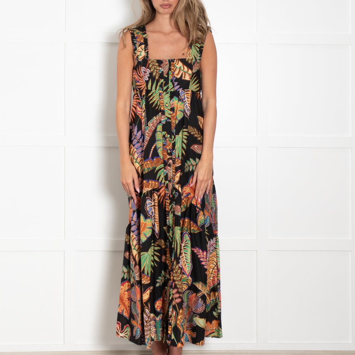 Farm Rio Cool Foliage Black & Multicoloured Pattern Sleeveless Maxi Dress