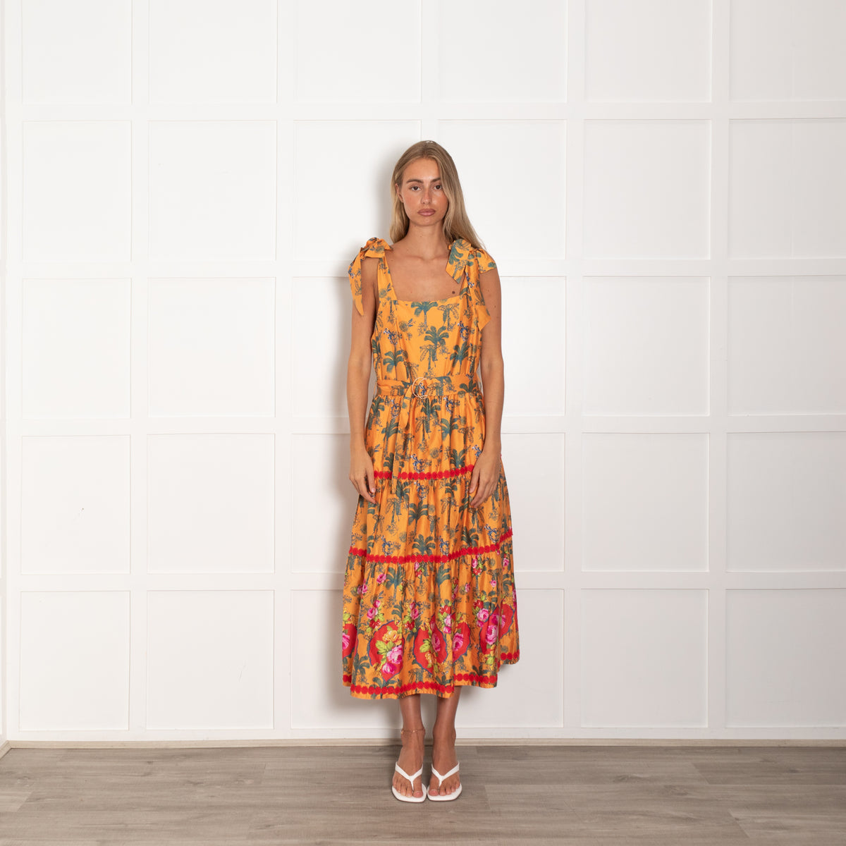 Emily Lovelock Orange Green Cotton Palm Print Sleeveless Belted Dress