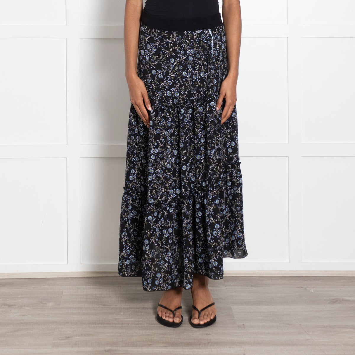 Me + Em Black Blue Green Floral Maxi Skirt