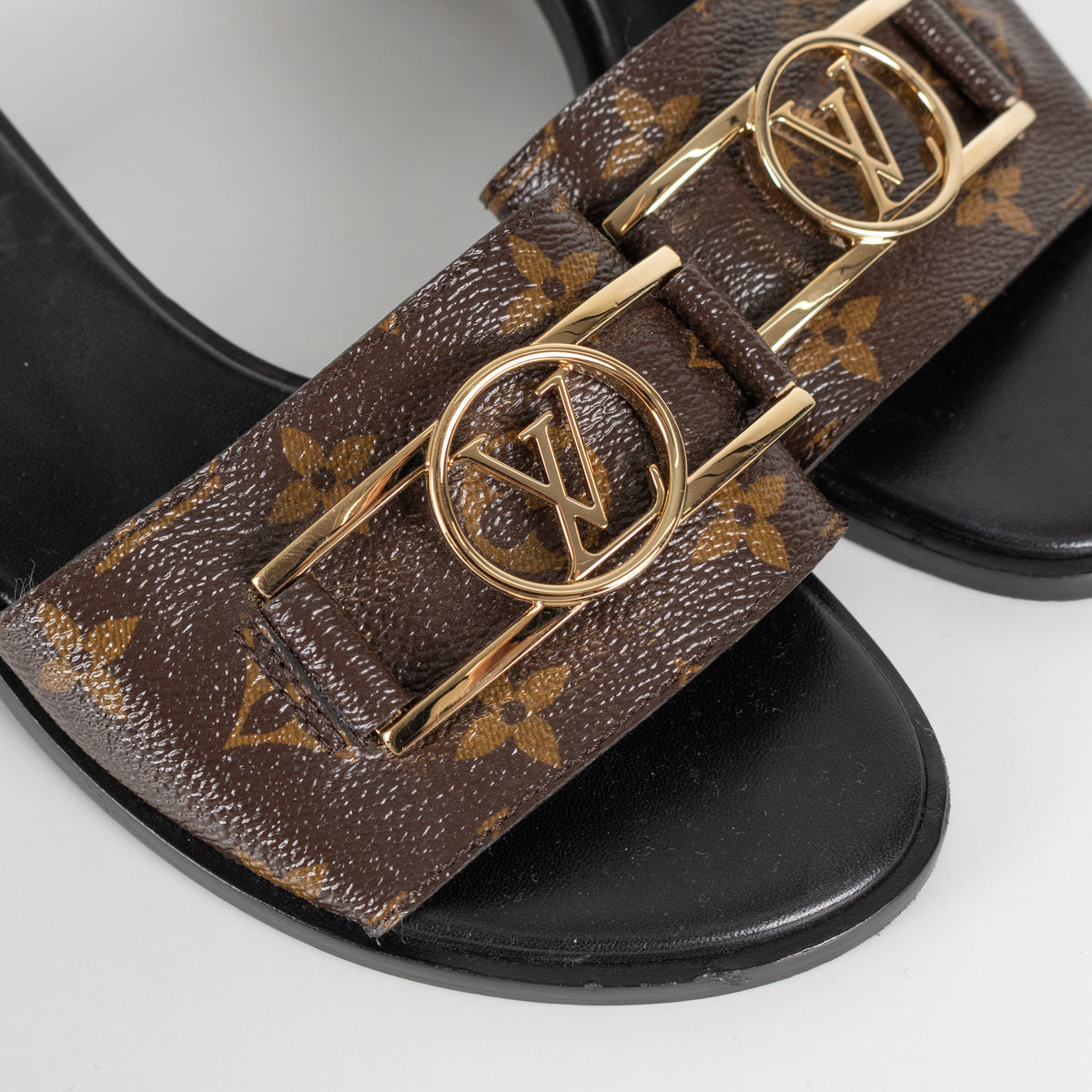 Louis Vuitton Brown Monogram Gold Lock It Heeled Mules