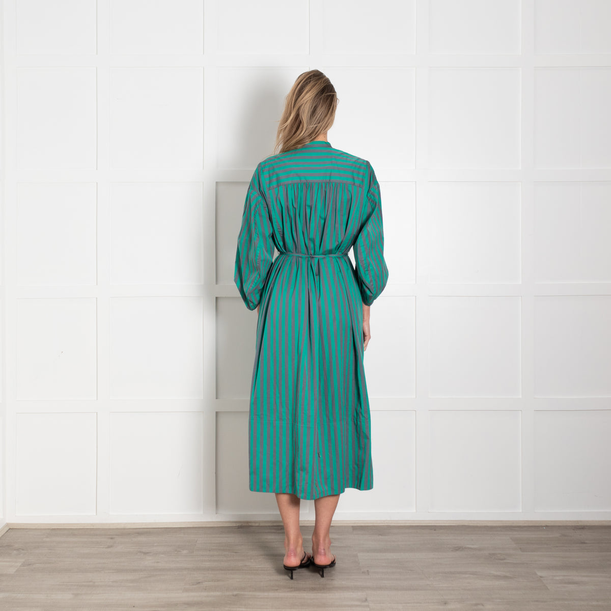 Jil Sander Green Grey Striped Cotton Long Sleeve Midi Dress