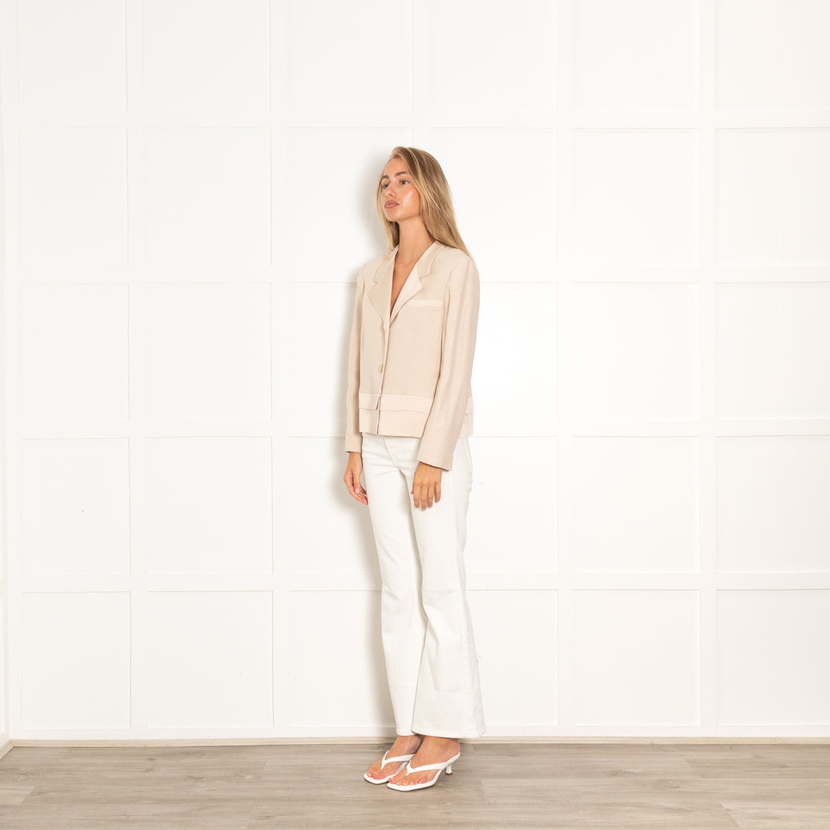 Twinset Cream Cropped Blazer With Contrast Hem