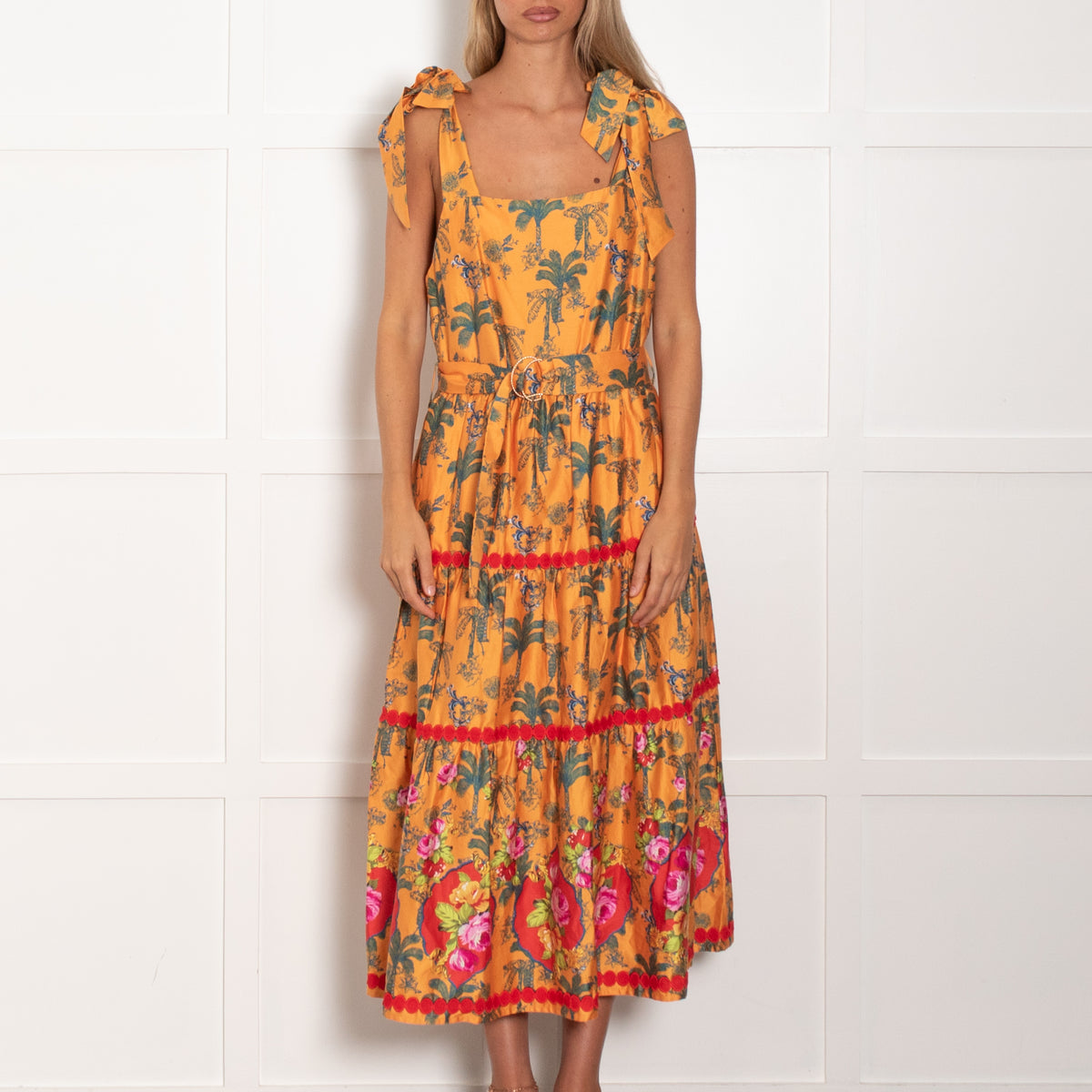 Emily Lovelock Orange Green Cotton Palm Print Sleeveless Belted Dress