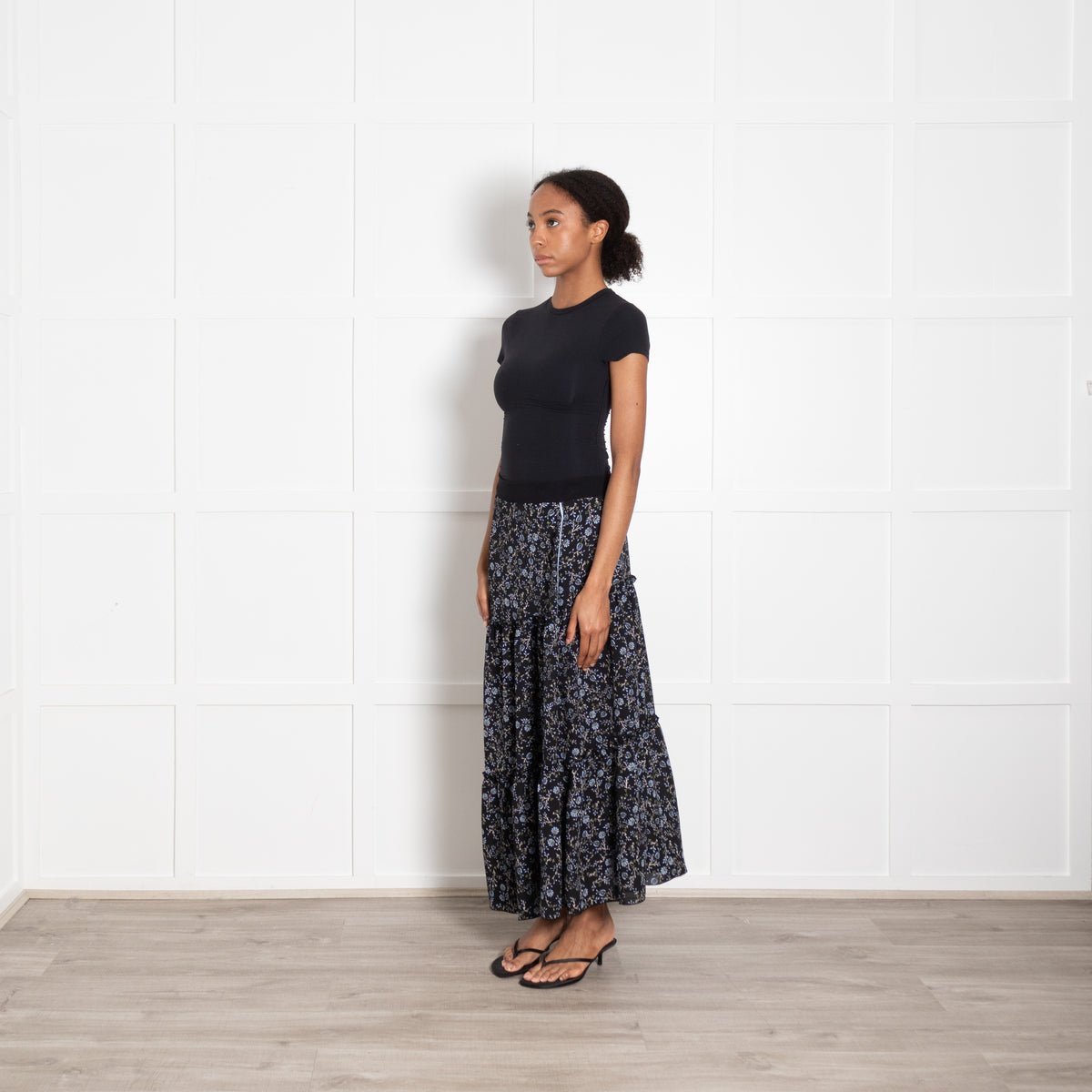 Me + Em Black Blue Green Floral Maxi Skirt