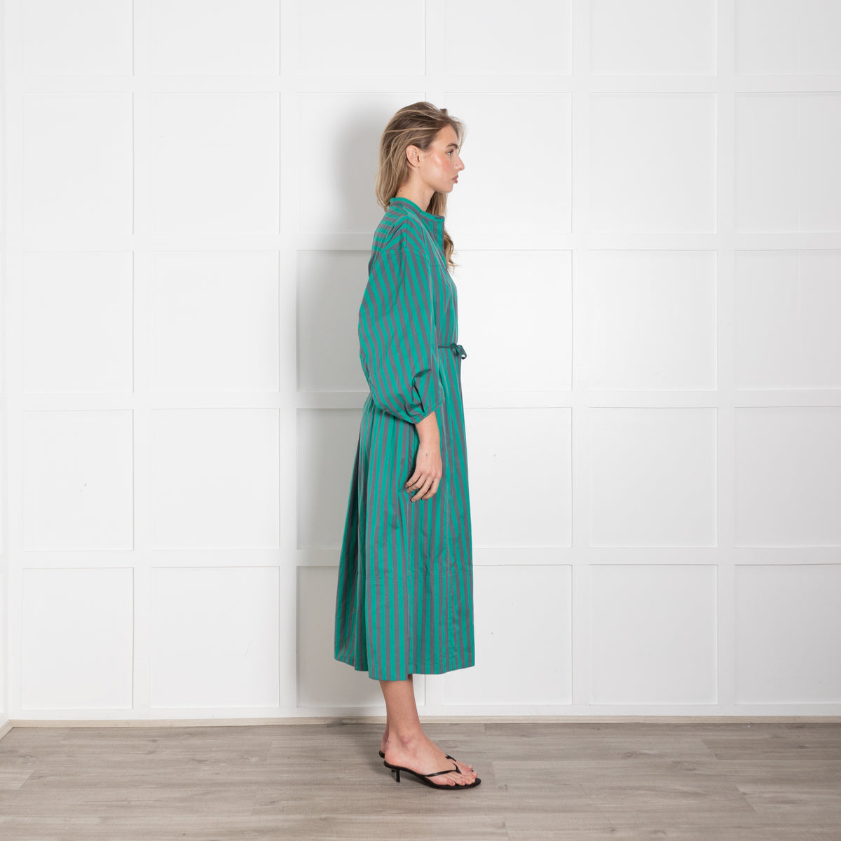 Jil Sander Green Grey Striped Cotton Long Sleeve Midi Dress