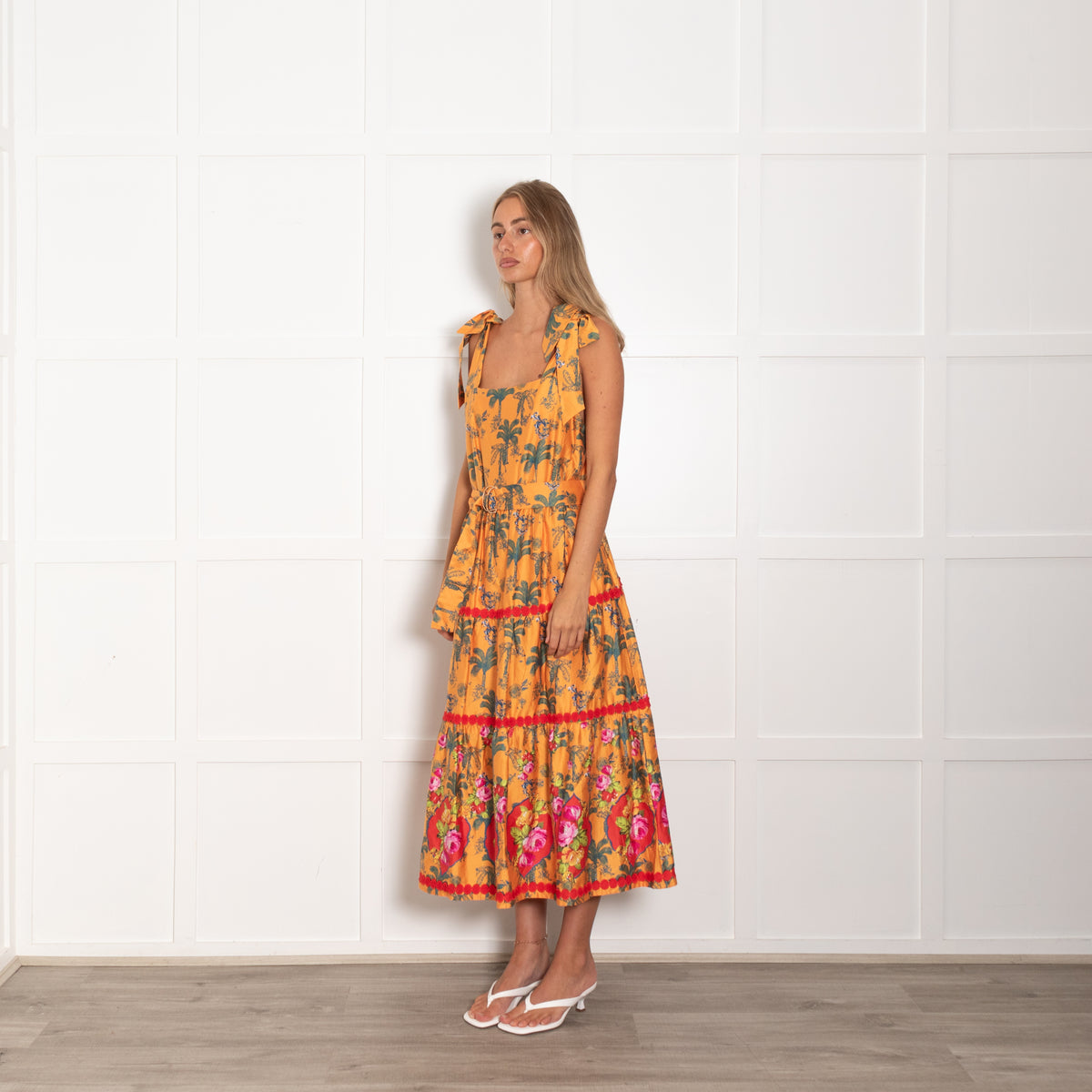 Emily Lovelock Orange Green Cotton Palm Print Sleeveless Belted Dress