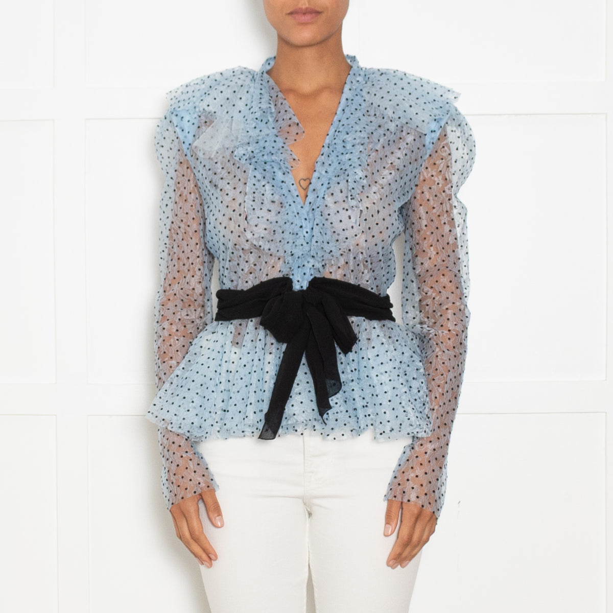 Philosophy Blue Net Polka Dot Top with Puff Sleeves