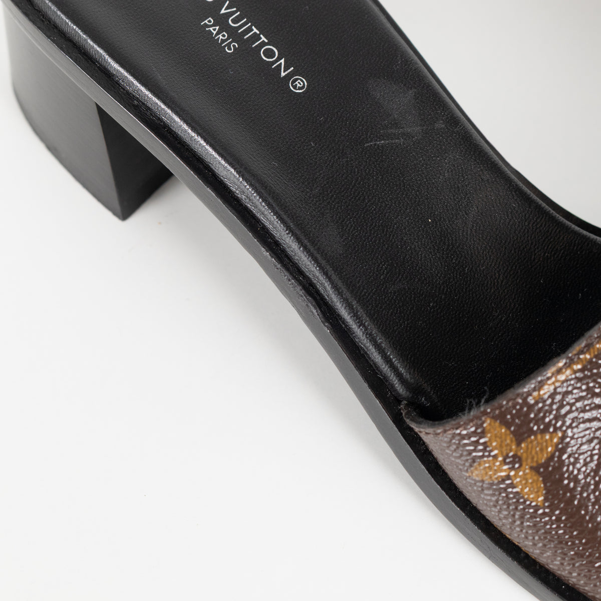 Louis Vuitton Brown Monogram Gold Lock It Heeled Mules