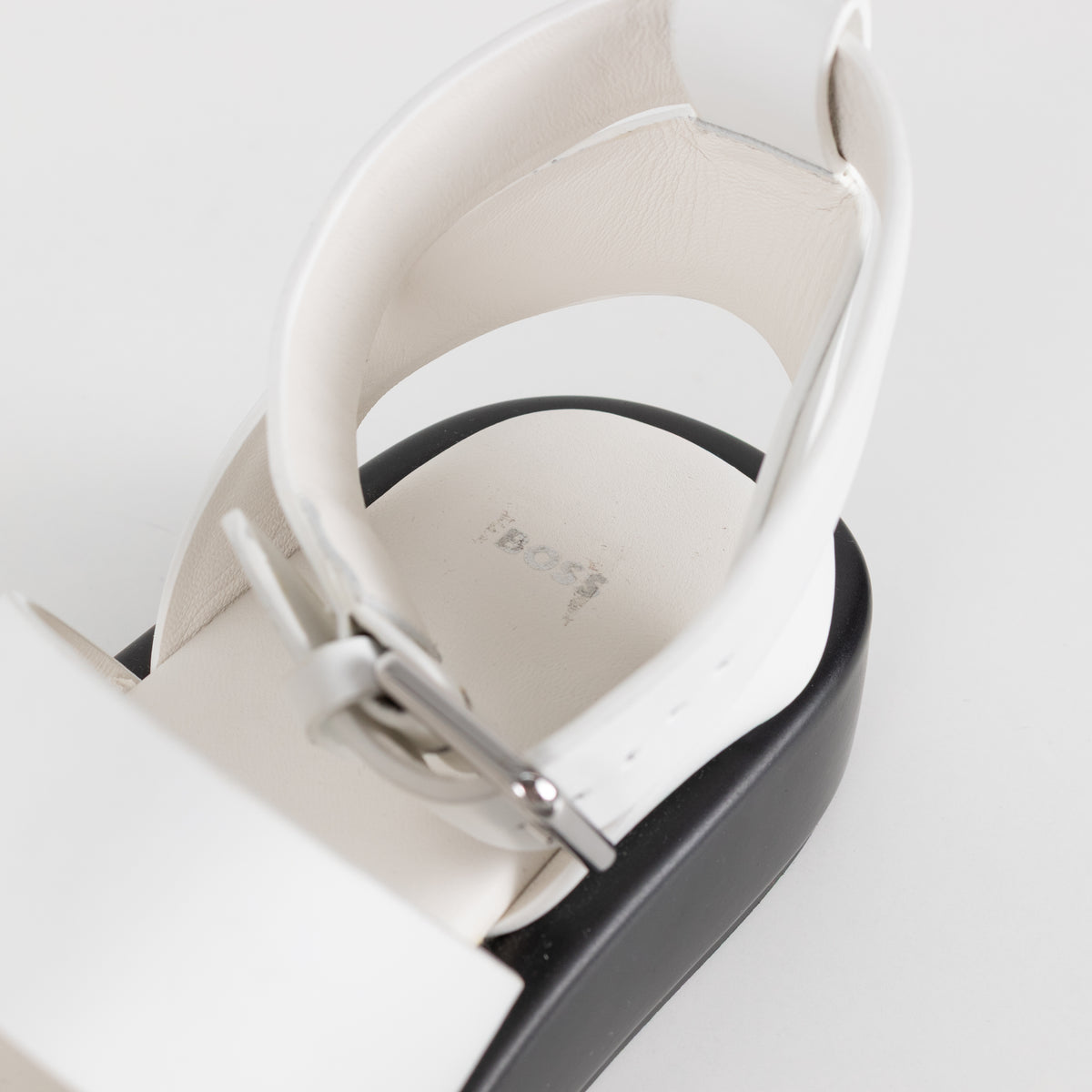 BOSS White Leather Ankle Strap Sandal