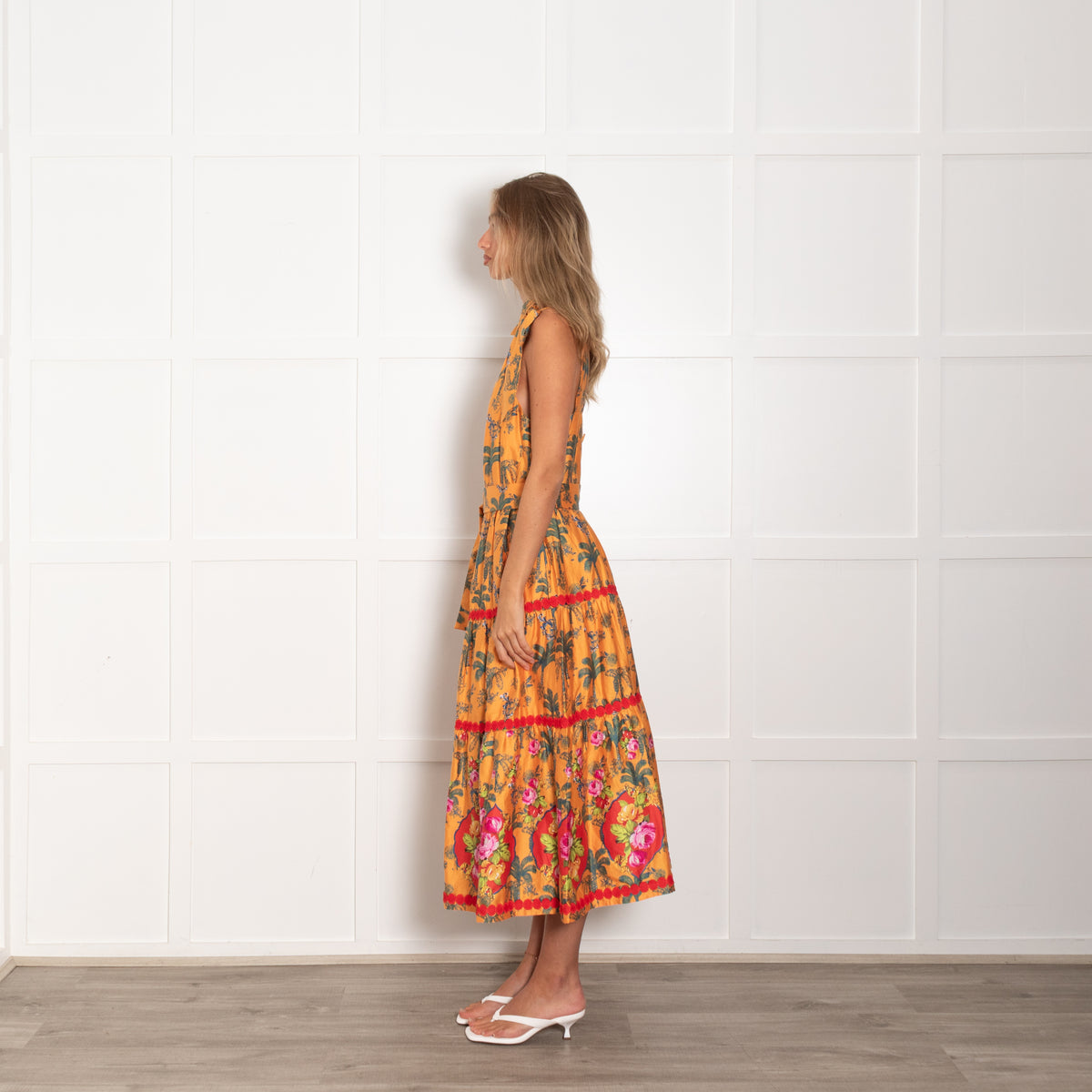 Emily Lovelock Orange Green Cotton Palm Print Sleeveless Belted Dress