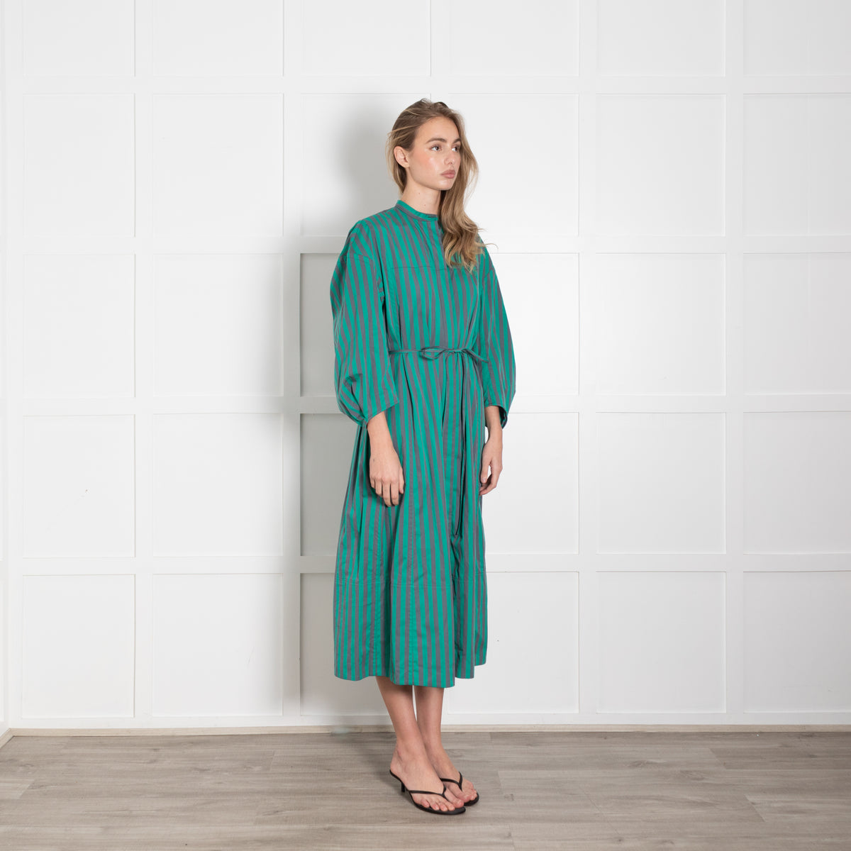 Jil Sander Green Grey Striped Cotton Long Sleeve Midi Dress