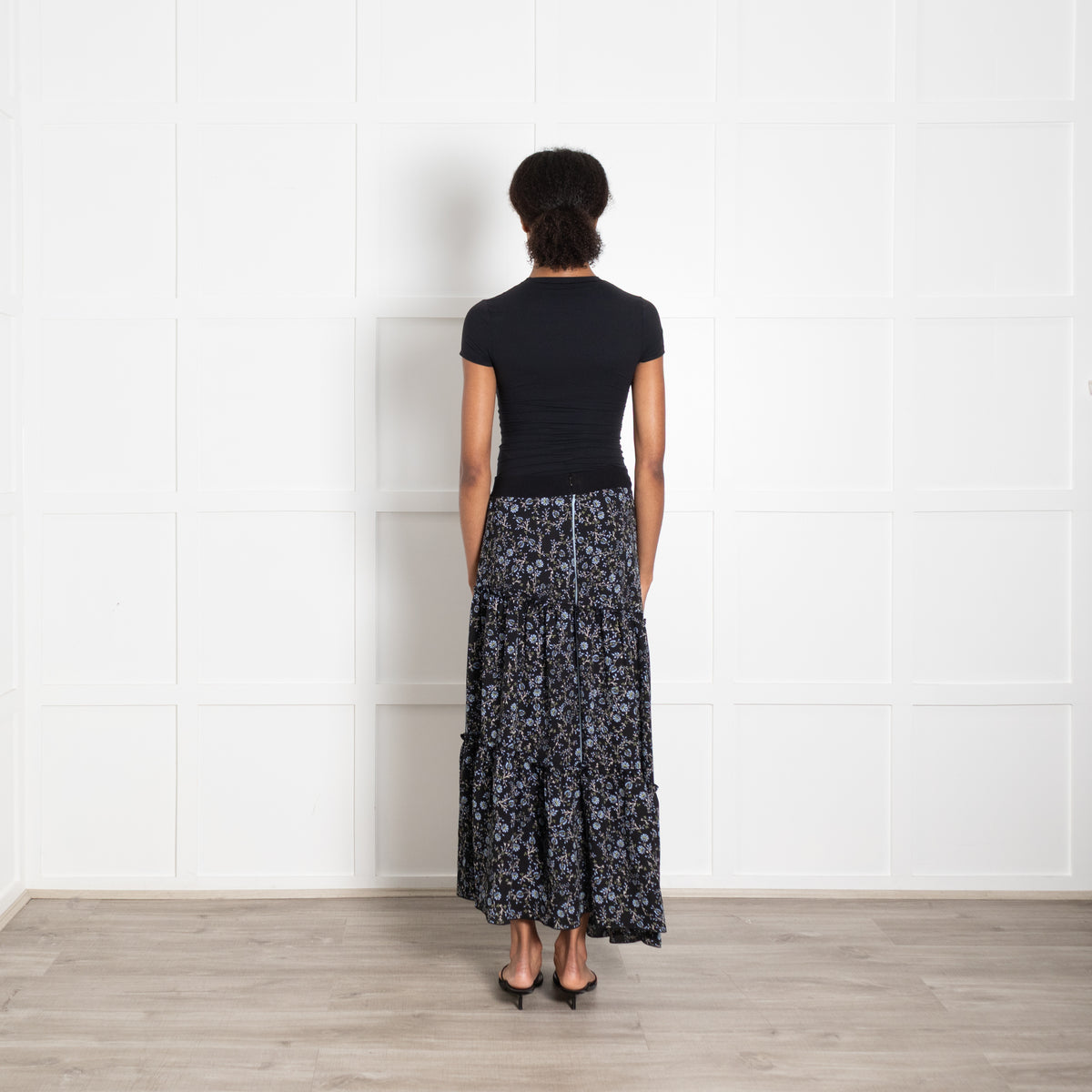 Me + Em Black Blue Green Floral Maxi Skirt