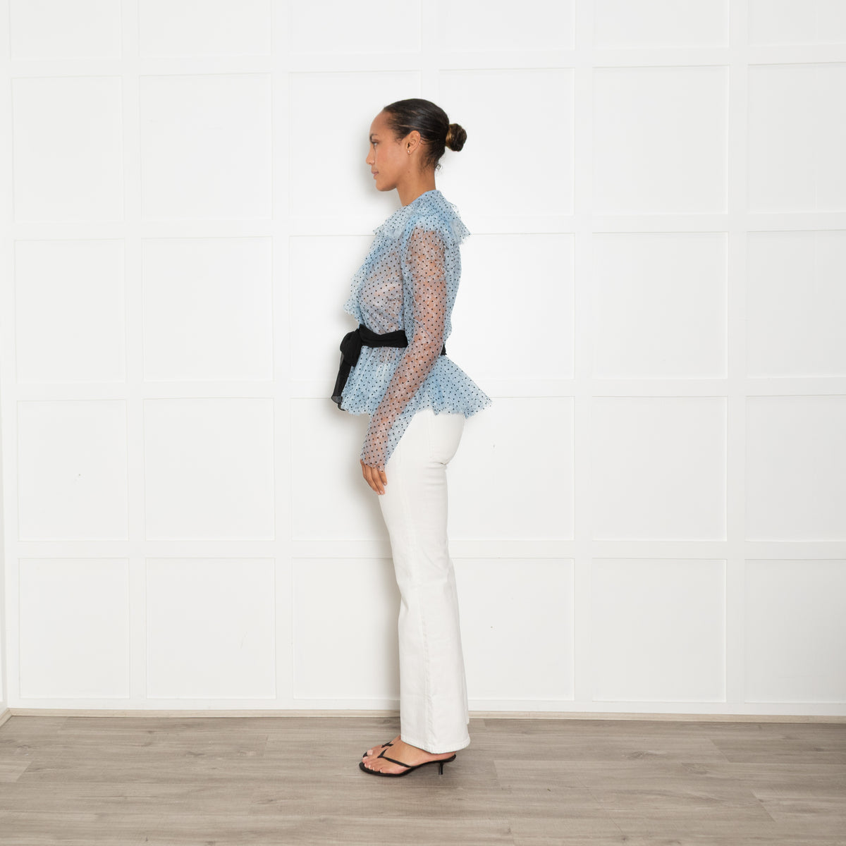 Philosophy Blue Net Polka Dot Top with Puff Sleeves