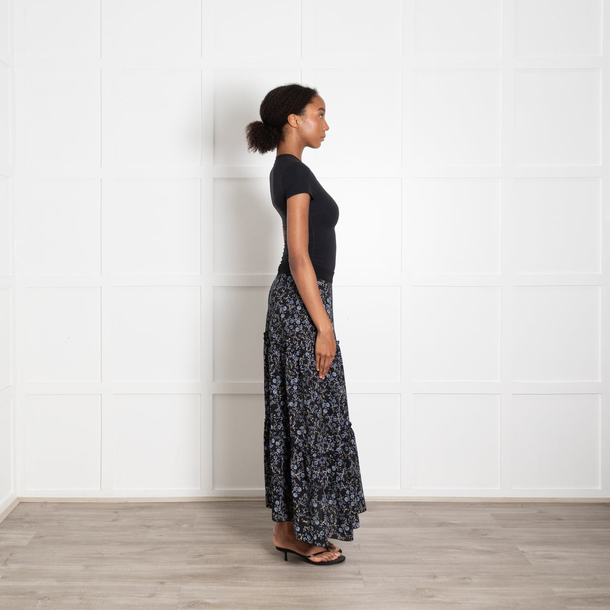 Me + Em Black Blue Green Floral Maxi Skirt