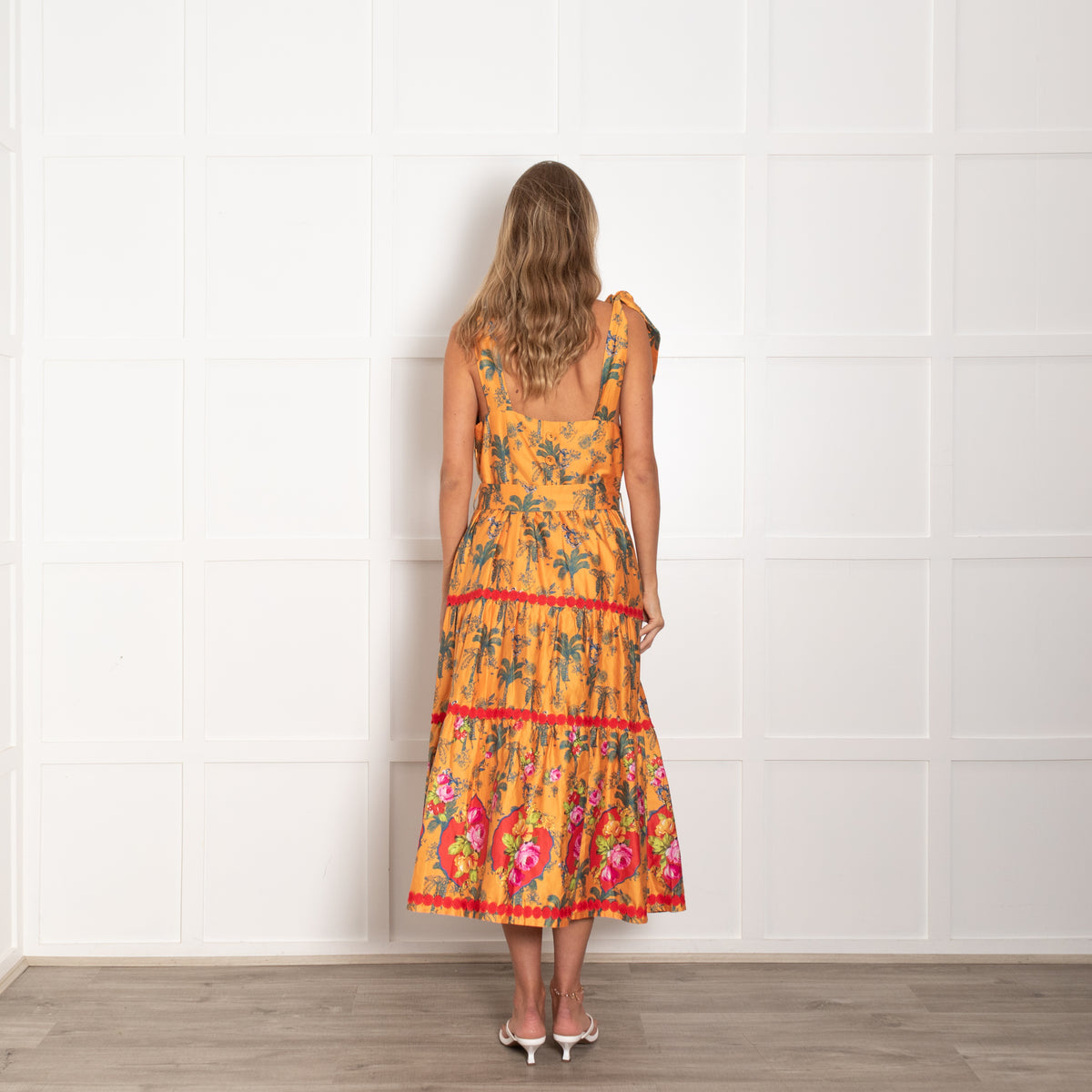 Emily Lovelock Orange Green Cotton Palm Print Sleeveless Belted Dress