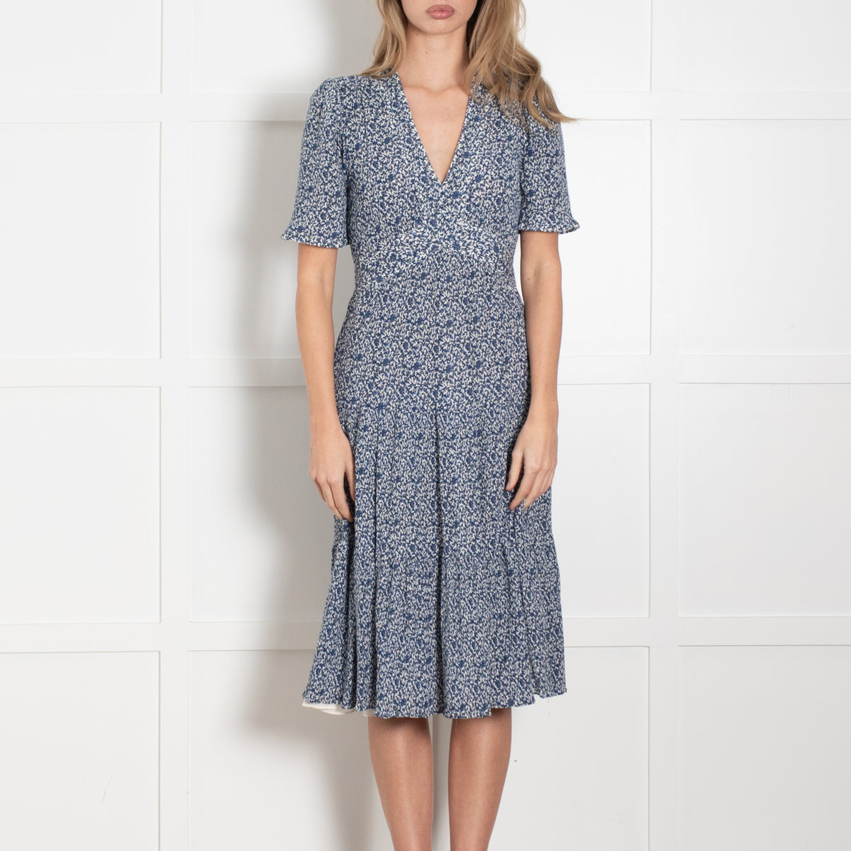 Tory Burch White Blue Ditzy Floral Short Sleeve Dress