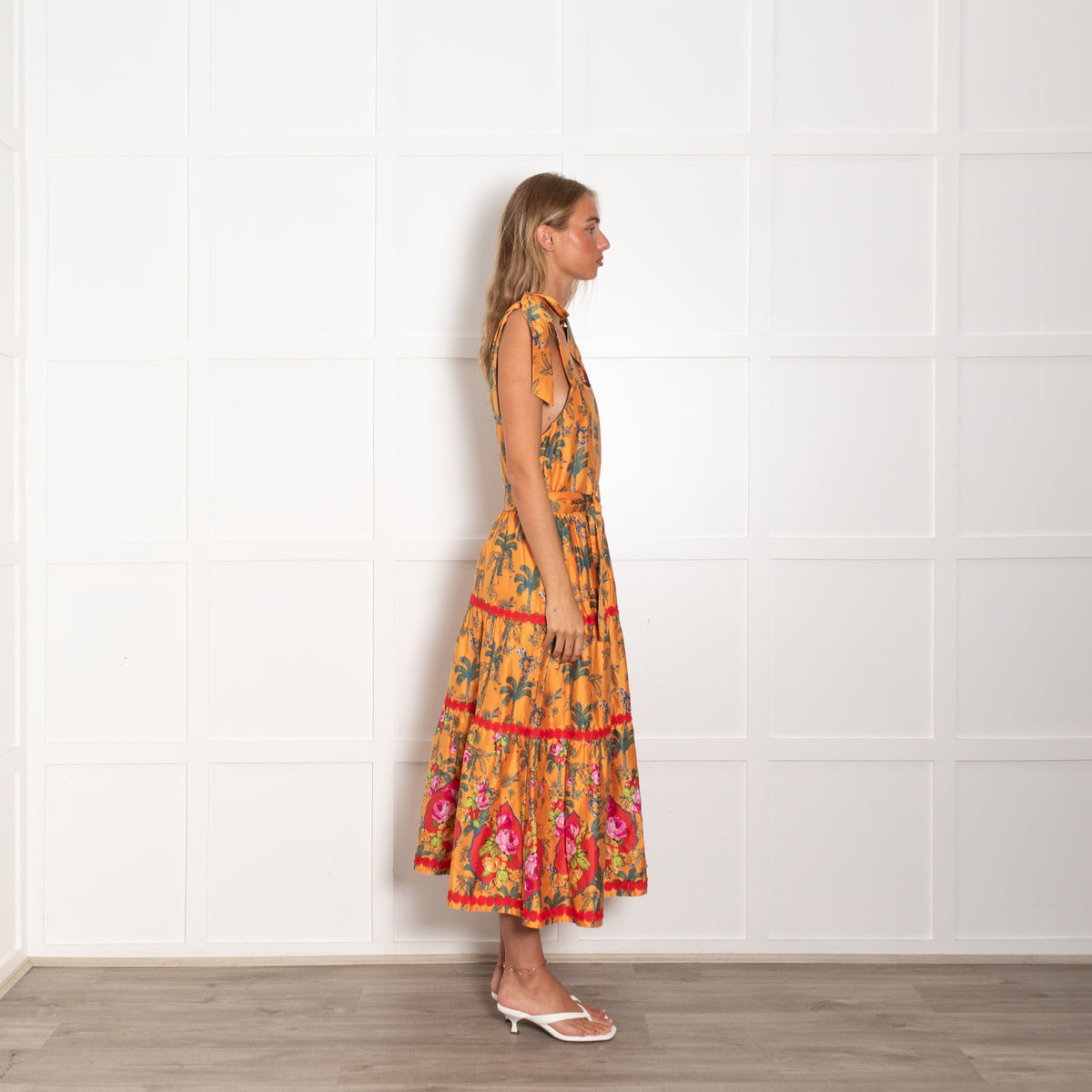 Emily Lovelock Orange Green Cotton Palm Print Sleeveless Belted Dress