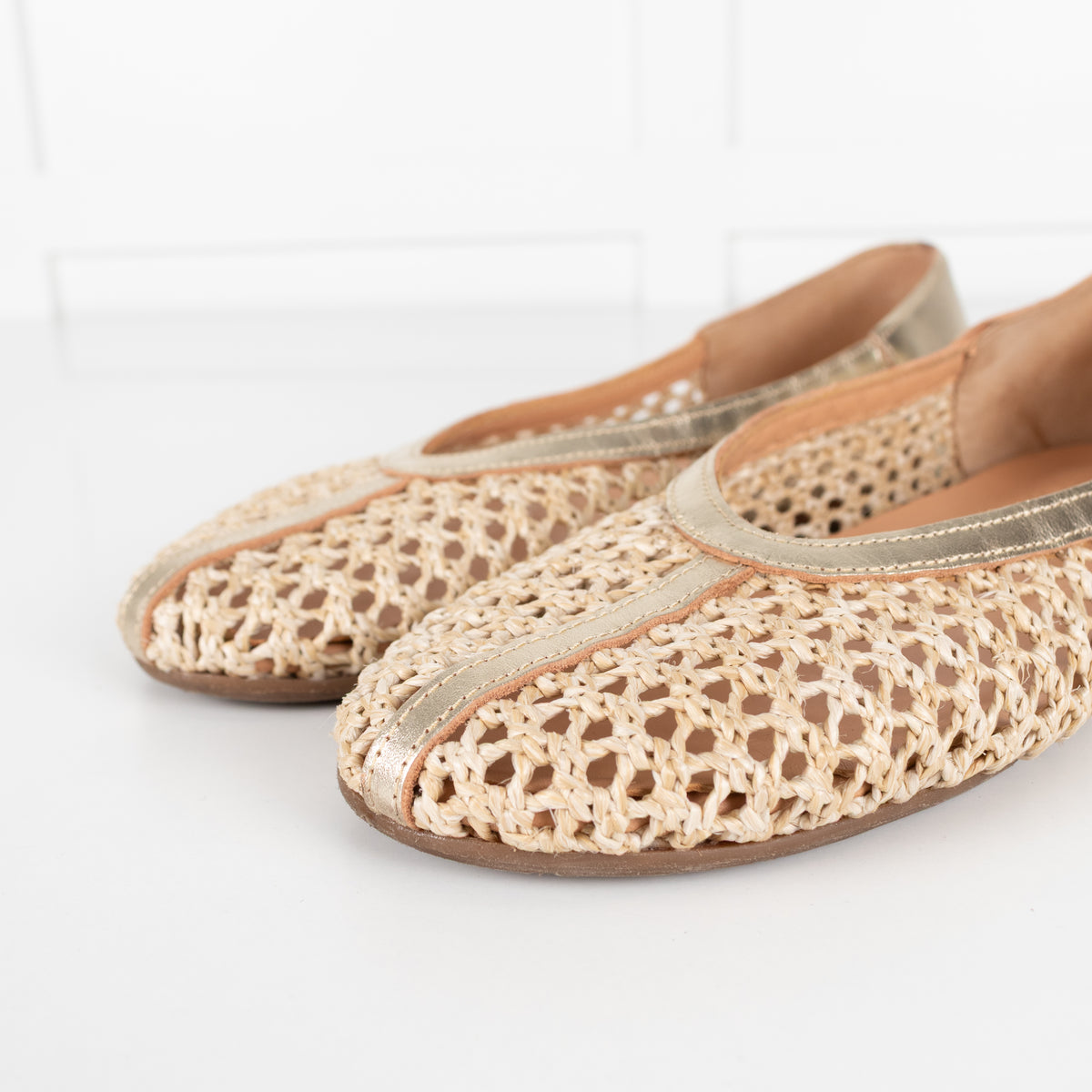 Ancient Greek Sandals Beige Raffia Gold Leather Trim Shoes