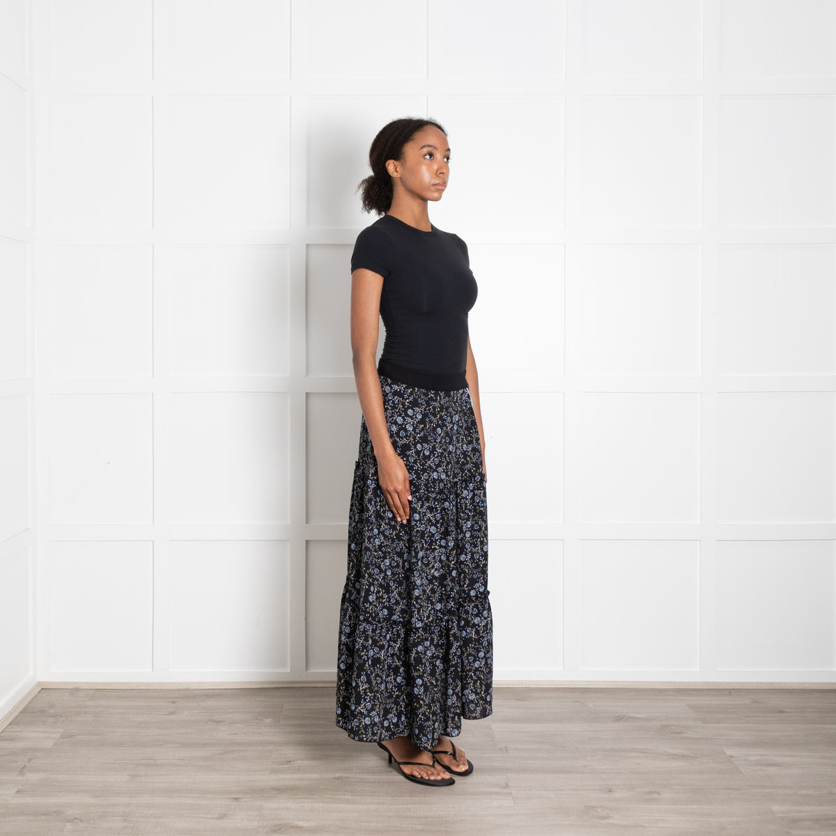 Me + Em Black Blue Green Floral Maxi Skirt