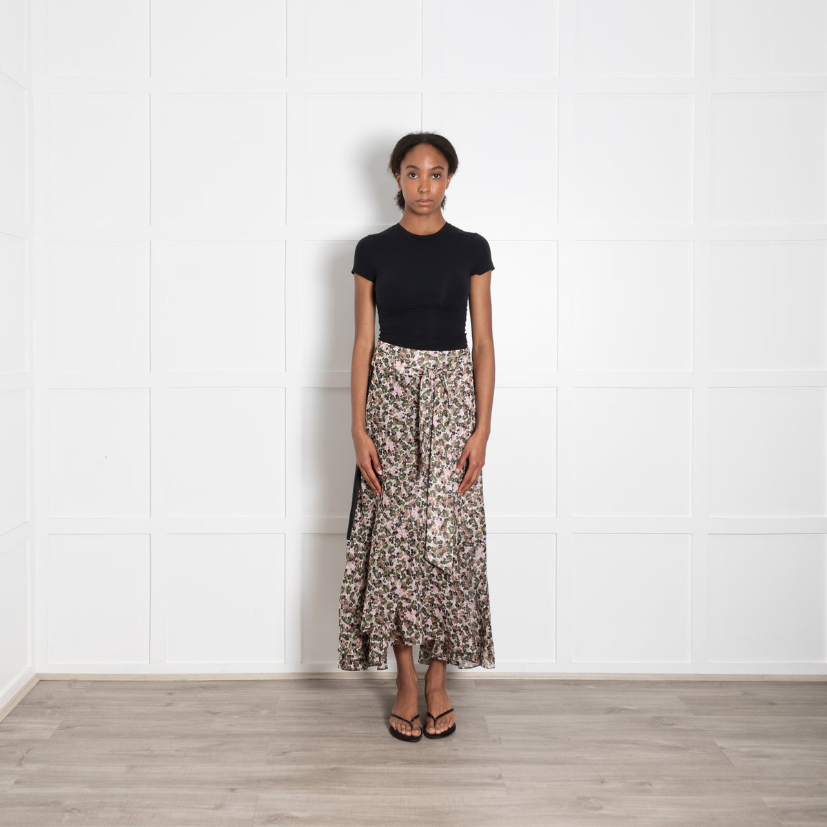 Me + Em Green Pink Brown Floral Tie Maxi Skirt