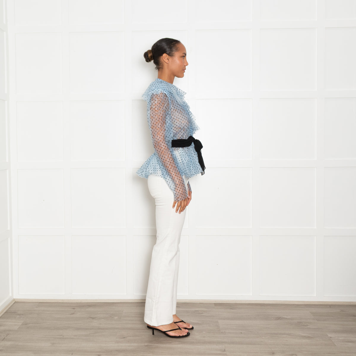 Philosophy Blue Net Polka Dot Top with Puff Sleeves