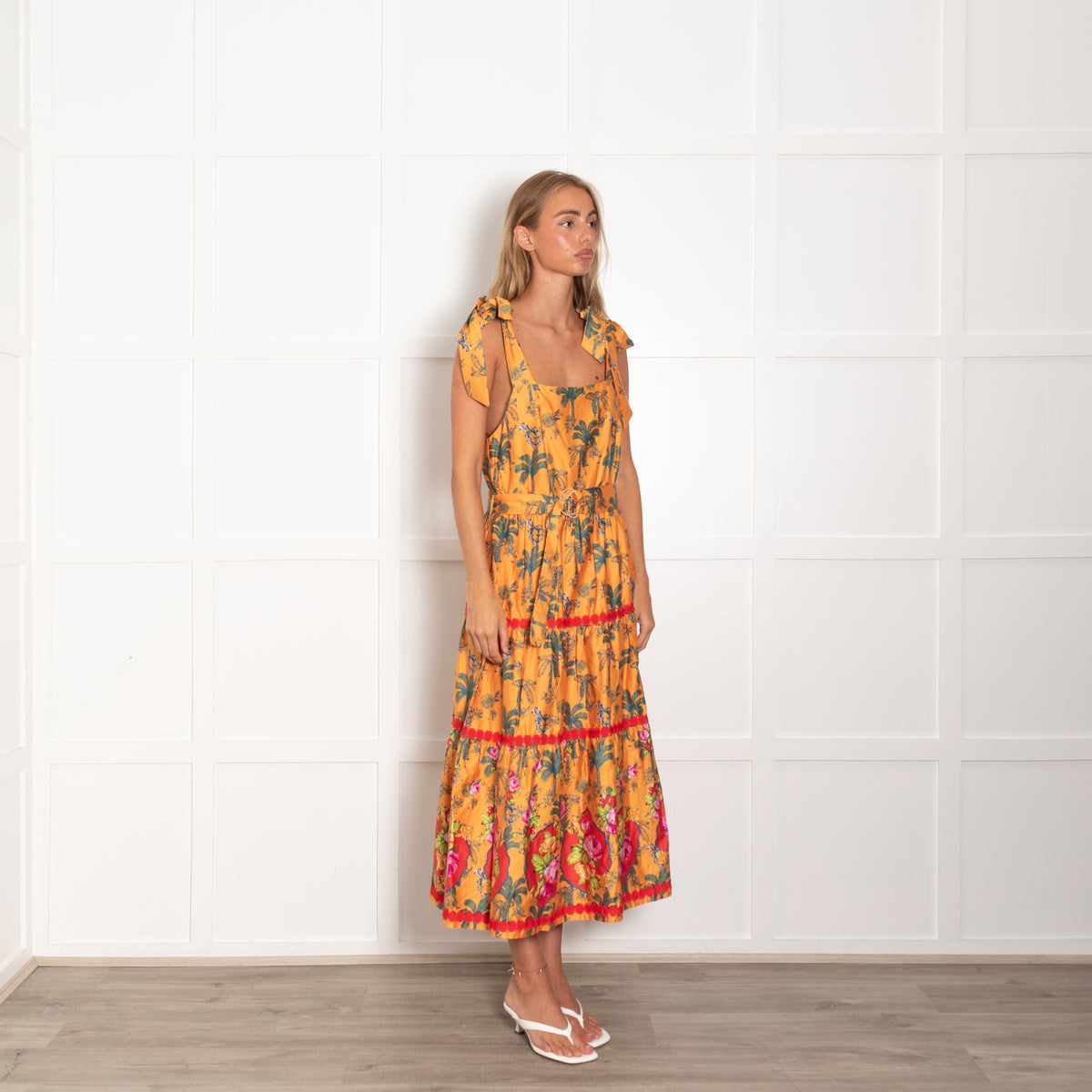 Emily Lovelock Orange Green Cotton Palm Print Sleeveless Belted Dress
