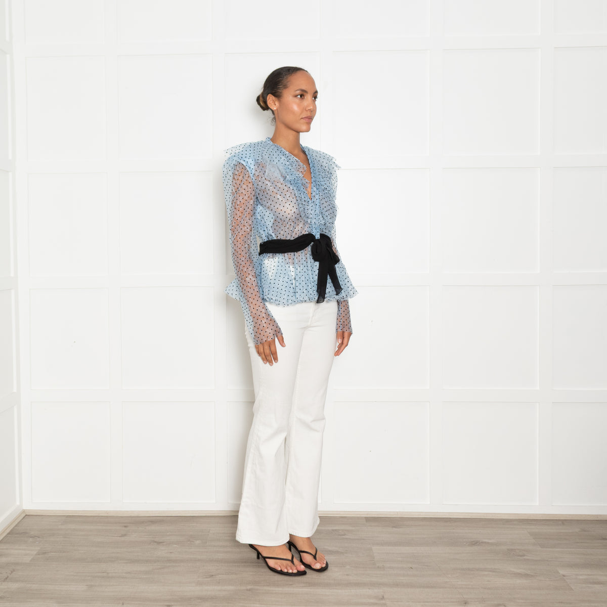 Philosophy Blue Net Polka Dot Top with Puff Sleeves