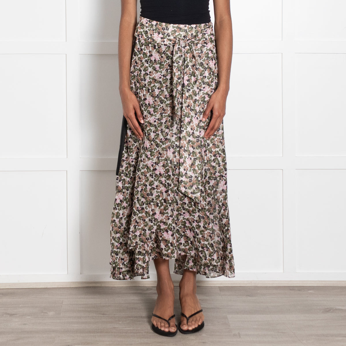 Me + Em Green Pink Brown Floral Tie Maxi Skirt