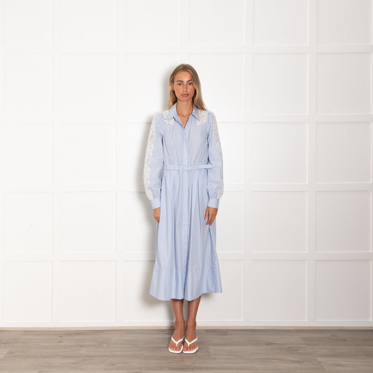 Me+Em Blue White Stripe Lace Detail Belted Shirt Dress
